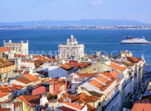 View over the roofs of downtown Lisbon to Tagus river, Portugal