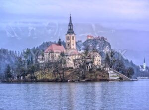 Virgin Mary church on the lake island in Bled, Slovenia
