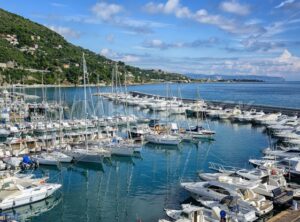 White yachts docked in port of Alassio on Riviera, Italy