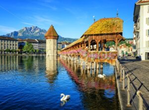 Wooden Chapel Bridge and Water Tower int Lucerne, Switzerland