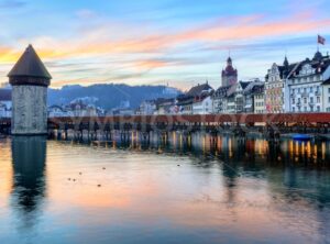 Wooden Chapel Bridge and Water Tower on sunset, Lucerne, Switzerland