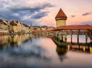 Wooden Chapel Bridge and Water Tower on sunset, Lucerne, Switzerland