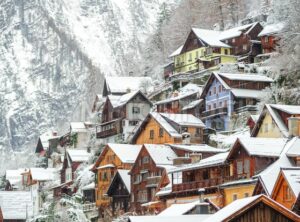 Wooden houses in Hallstatt, austrian alpine town by Salzburg, Austria