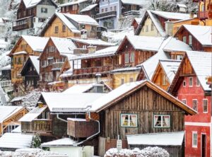 Wooden houses in Hallstatt, austrian alpine village by Salzburg, Austria