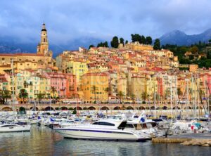 Yachts in the marina of colorful medieval town Menton on french Riviera, Provence, France