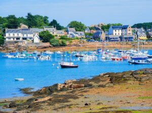 Yachts on Cote de Granit Rose, Atlantic ocean, Brittany, France