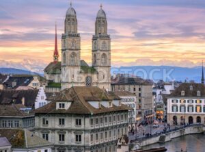 Zurich city center with snow covered Alps mountains in background, Switzerland