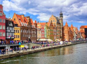 Gothic facades facing Motlawa River in Gdansk, Poland