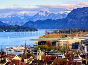Lucerne town on Lake Lucerne and Alps mountains