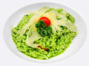 Pesto Risotto with parmesan cheese stripes