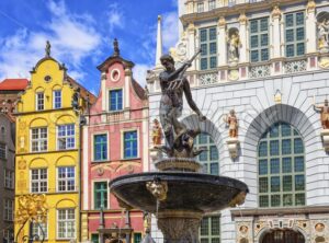 Neptune’s Fountain and gothic houses in Gdansk, Poland