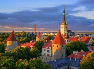 Medieval churches and towers in the old town of Tallinn, Estonia