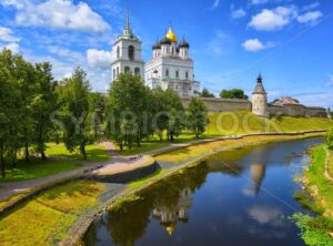 Pskov Kremlin reflecting in a river, Pskov, Russia