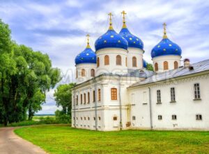 Blue domes of Yuriev Monastery, Novgorod, Russia