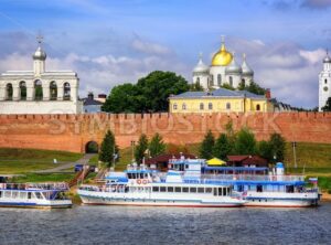 Golden and silver dome churches in Novgorod Kremlin, Russia