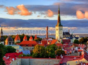 Medieval churches and towers in the old town of Tallinn, Estonia