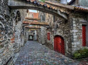 Old cobbled street in old town of Tallinn, Estonia