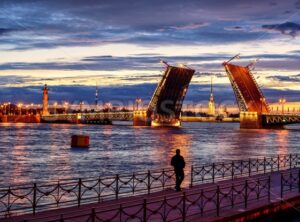 Panoramic view over Neva river in white night time, St Petersburg, Russia