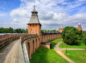 Red brick walls and towers of Novgorod, Russia