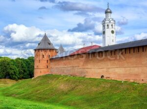 Red walls and white church in Novgorod Kremlin, Russia