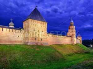 Red walls of Novgorod Kremlin at night, Russia