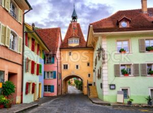 Colorful houses in Saint Ursanne, Jura, Switzerland - GlobePhotos - royalty free stock images