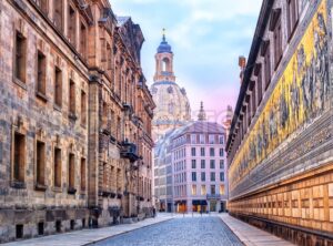 Dresden, Germany, mosaic wall and Frauenkirche cathedral in background - GlobePhotos - royalty free stock images