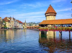 Wooden Chapel bridge in Lucerne old town, Switzerland - GlobePhotos - royalty free stock images