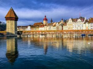 Chapel Bridge and Old Town Lucerne, Switzerland - GlobePhotos - royalty free stock images