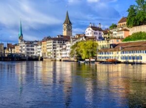 Old town of Zurich with Clock Tower, Switzerland - GlobePhotos - royalty free stock images