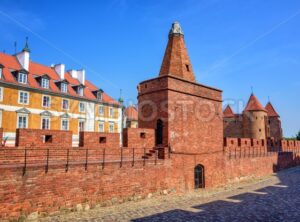 Red brick walls and towers of Warsaw Barbican, Poland - GlobePhotos - royalty free stock images