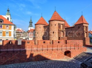 Red brick walls and towers of Warsaw Barbican, Poland - GlobePhotos - royalty free stock images