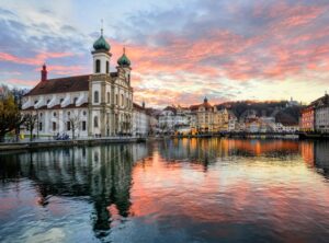 Sunset over the old town of Lucerne, Switzerland - GlobePhotos - royalty free stock images