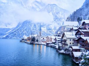 Hallstatt wooden village on lake in snow white, Austria - GlobePhotos - royalty free stock images