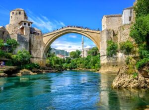 Old Bridge and Mosque in the Old Town of Mostar, Bosnia - GlobePhotos - royalty free stock images