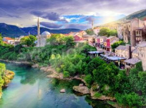 Sunrise over Mostar Old Town, Bosnia and Herzegovina - GlobePhotos - royalty free stock images