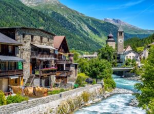 Swiss village in Alps mountains, Grisons, Switzerland - GlobePhotos - royalty free stock images