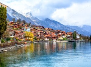 Old town and Alps mountains on Brienzer Lake, Switzerland - GlobePhotos - royalty free stock images