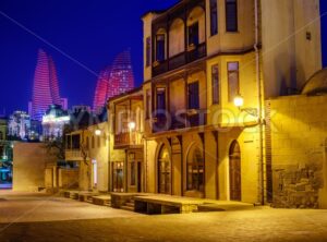 Baku Old Town and Flame Towers at night, Azerbaijan - GlobePhotos - royalty free stock images
