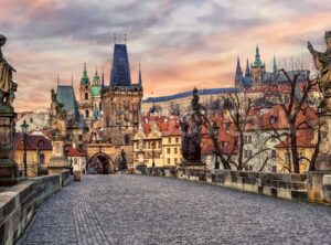 Charles bridge and Prague castle on sunset, Czech Republic - GlobePhotos - royalty free stock images