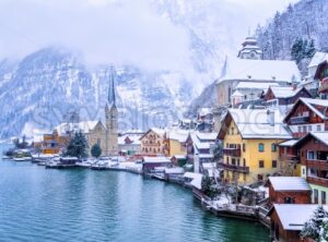 Hallstatt town on a lake in Alps mountains, Austria, in winter - GlobePhotos - royalty free stock images