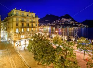 Lake Lugano and Monte Bre, Switzreland, at night - GlobePhotos - royalty free stock images
