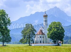 Landscape with white church and Alps mountains, Germany - GlobePhotos - royalty free stock images