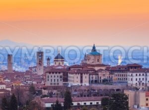 Bergamo Old Town, Lombardy, Italy, in red sunrise light - GlobePhotos - royalty free stock images
