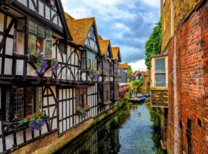 Medieval houses and river Stour in Canterbury Old Town, Kent, England - GlobePhotos - royalty free stock images
