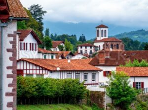White basque houses in Pyrenees mountains, Saint Jean Pied de Port, France - GlobePhotos - royalty free stock images