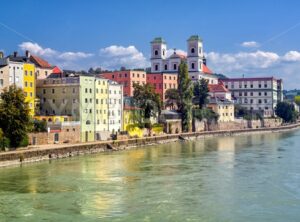 Colorful traditional houses on Inn river in historical old town Passau, Germany - GlobePhotos - royalty free stock images