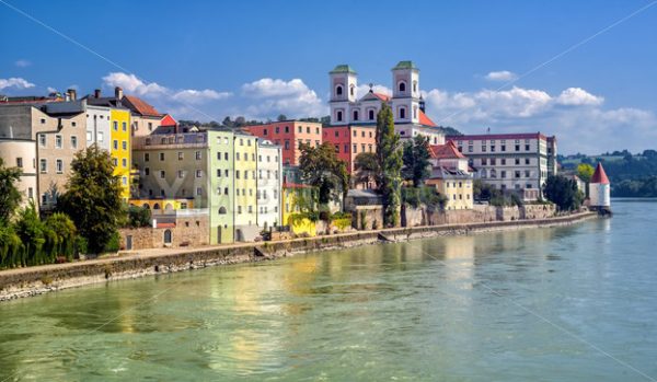 Colorful traditional houses on Inn river in historical old town Passau, Germany - GlobePhotos - royalty free stock images