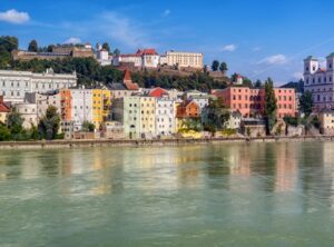 Colorful traditional houses on Inn river in historical old town Passau, Germany - GlobePhotos - royalty free stock images