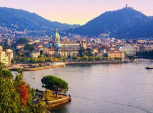 Como city town center on Lake Como, Italy, in warm sunset light - GlobePhotos - royalty free stock images